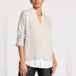 Brochu Walker Holm Layered Vee Sweater In Silver Grey Melange Wool Cashmere